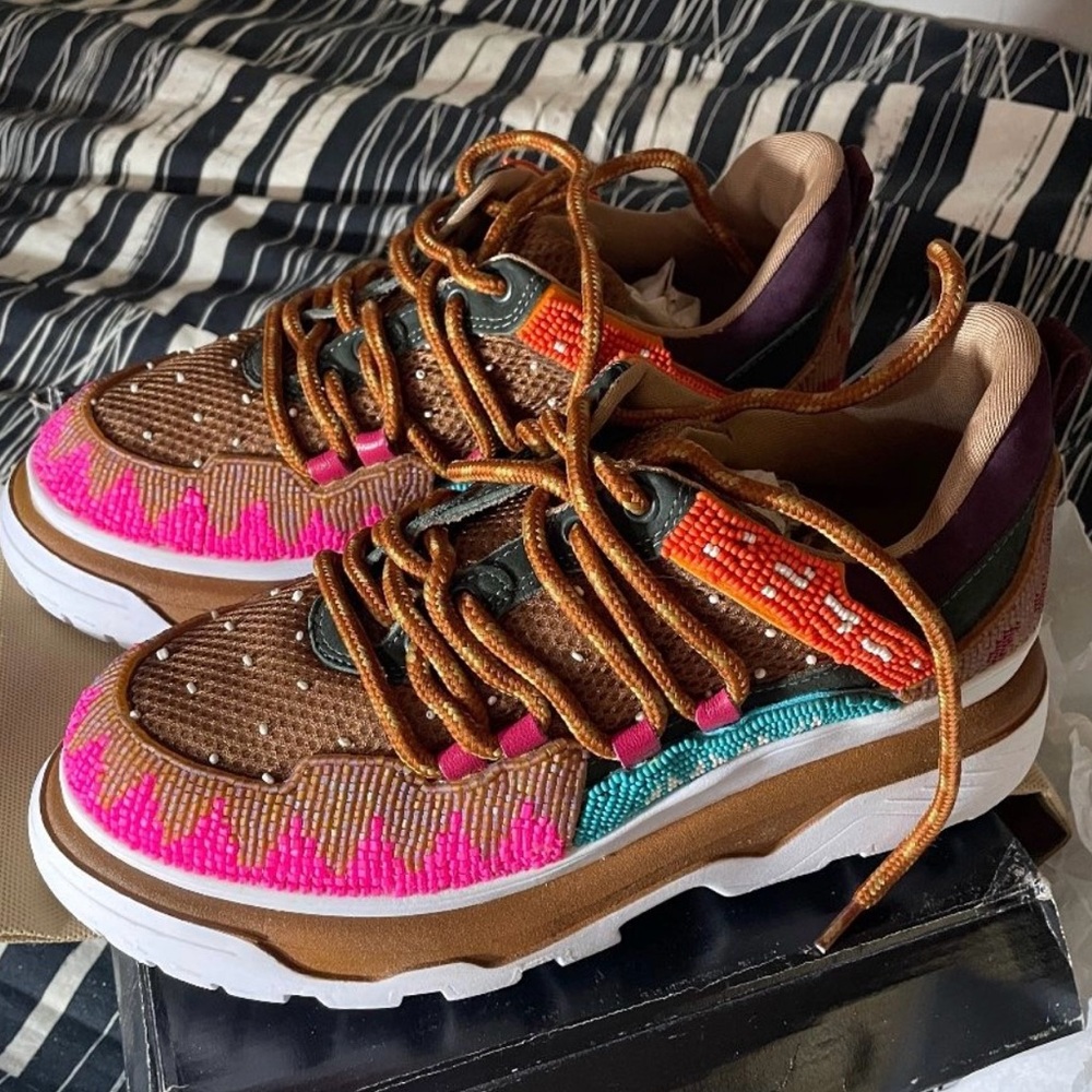 Farm Rio Shoes | Nib Farm Rio Caramel Beaded Platform Sneakers